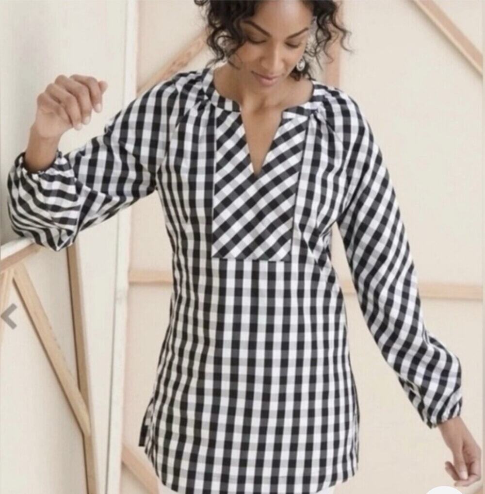Chico's Tunic Top Women Sz 3 16/18 XL Black White Gingham Drama Sleeve Poplin